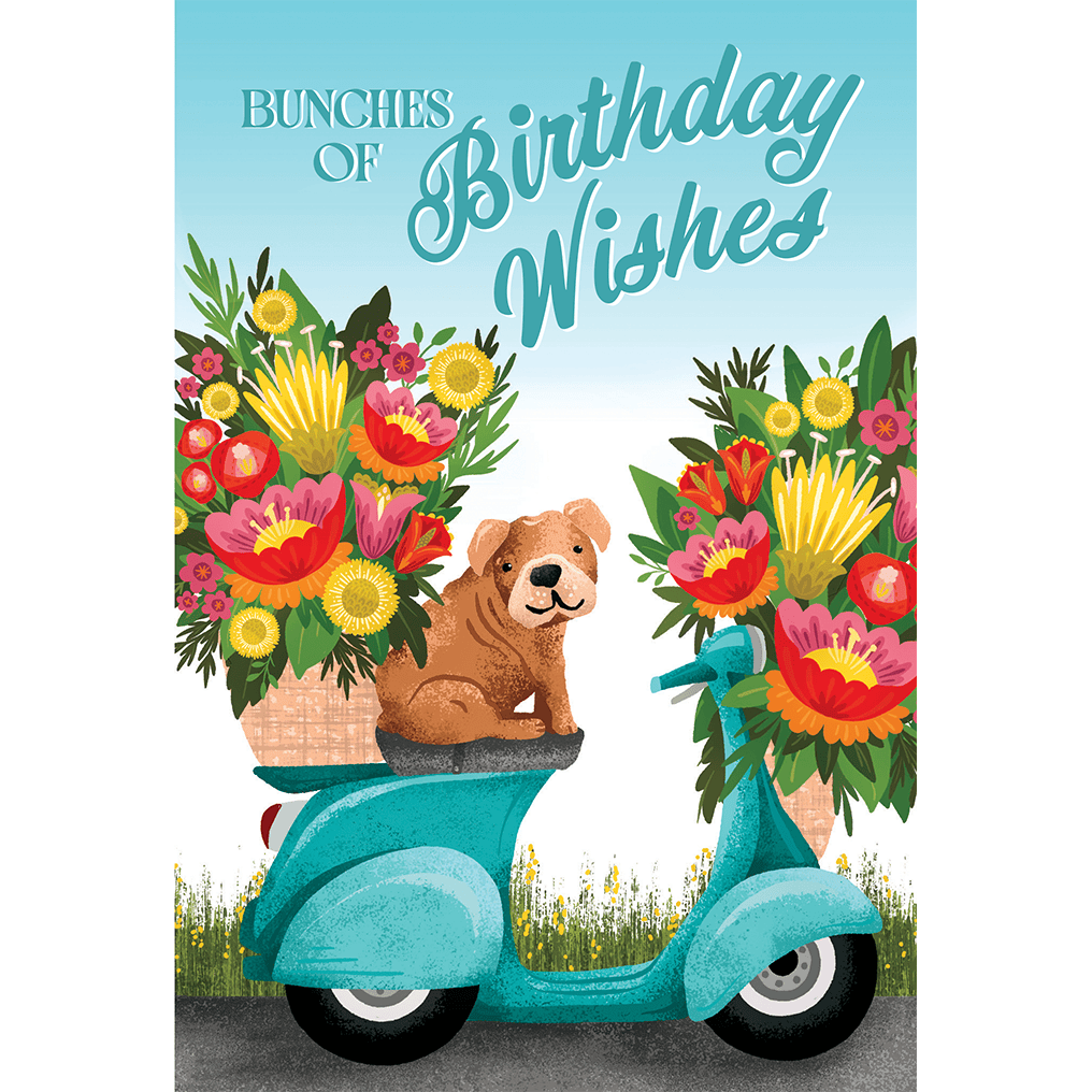 Colorful Scooter Dog birthday card from Cardmore featuring a fun, playful design, perfect for celebrating special occasions.